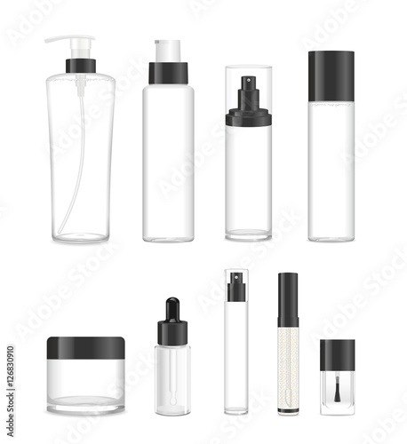 Set of nine transparent cosmetic tubes. Vector