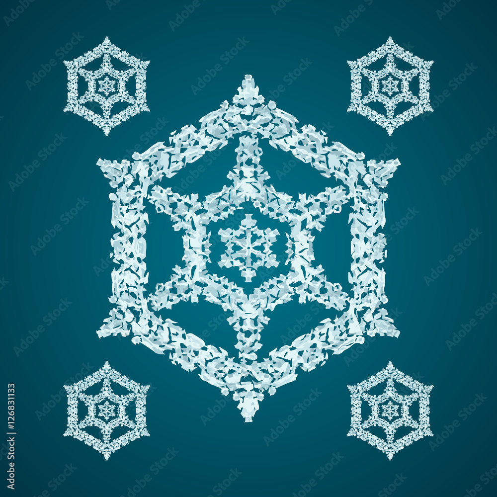 Snoflake_78 Christmas element: opaque crystal snowflakes on a dark turquoise background.