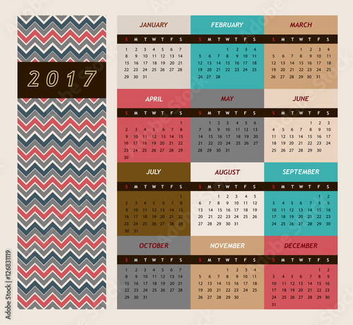 Simple 2017 calendar, Week starts Sunday, Chevron style.