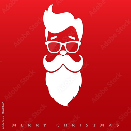 Happy New Year and Merry Christmas. Santa Claus with a fashionable hairstyle hipster beard and glasses on a red background. Christmas card.