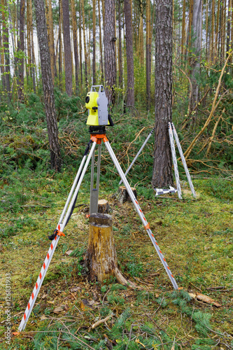 Station and leveling rod and arrow in the forest