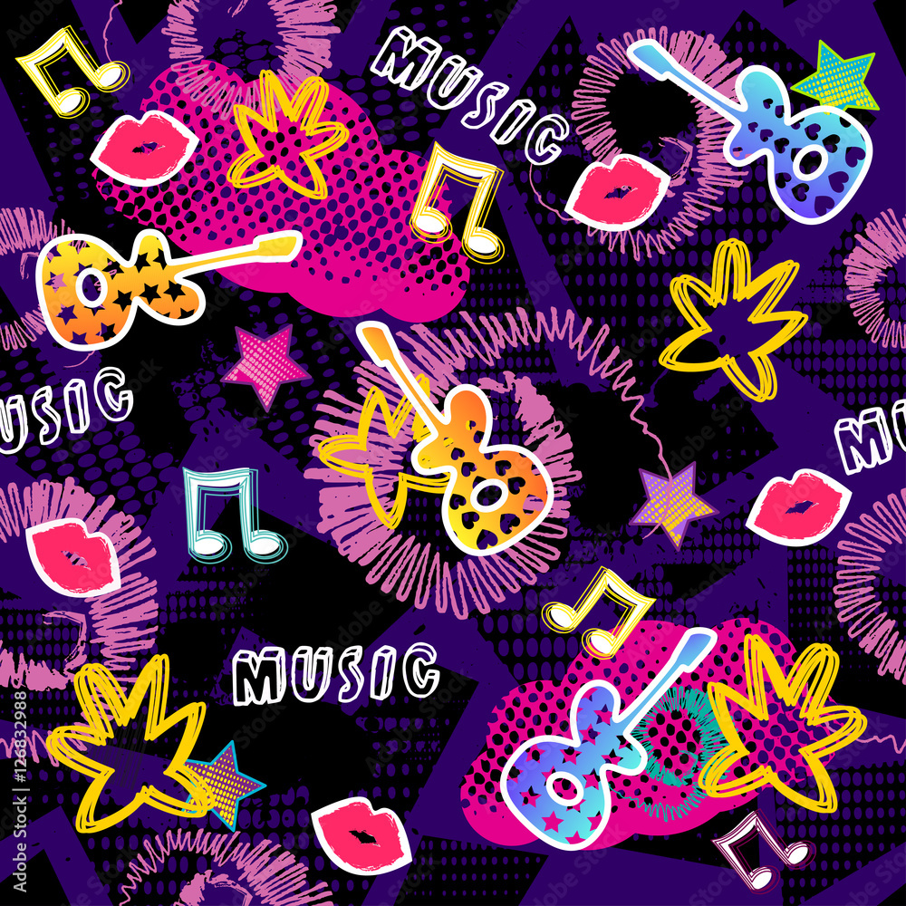 Abstract seamless pattern for girls, boys, clothes. Creative vector background with dots, guitar, lips star.Funny wallpaper for textile and fabric. Fashion style. Colorful bright. Purple, pink, blue