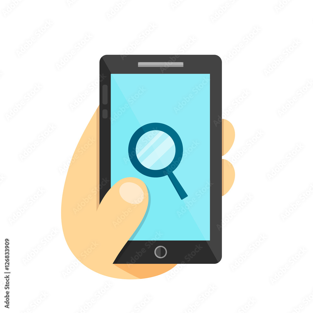 magnifier in smartphone concept. Phone in hand. Vector flat illustration icon. Isolated on white background magnifier in smartphone concept. Phone in hand. Vector flat illustration icon. Isolated on white background