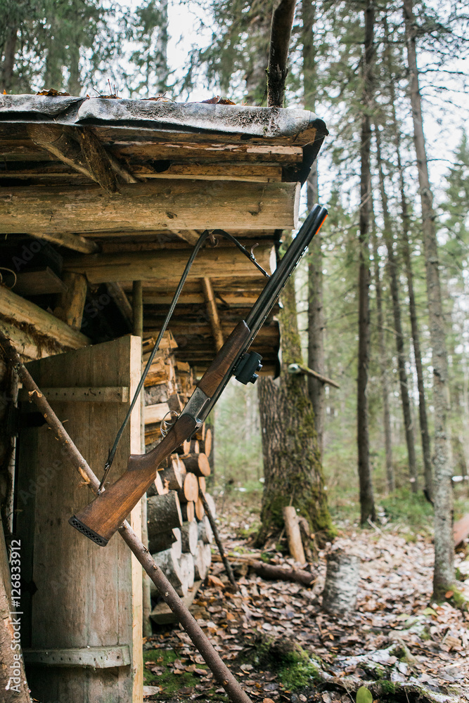 Hunting lodge in the forest. At the entrance hangs a hunting rifle. Cloudy weather on earth is some snow. Near the wooden house stacked firewoods. Hunting lodge in the forest. At the entrance hangs a hunting rifle. Cloudy weather on earth is some snow. Near the wooden house stacked firewoods.