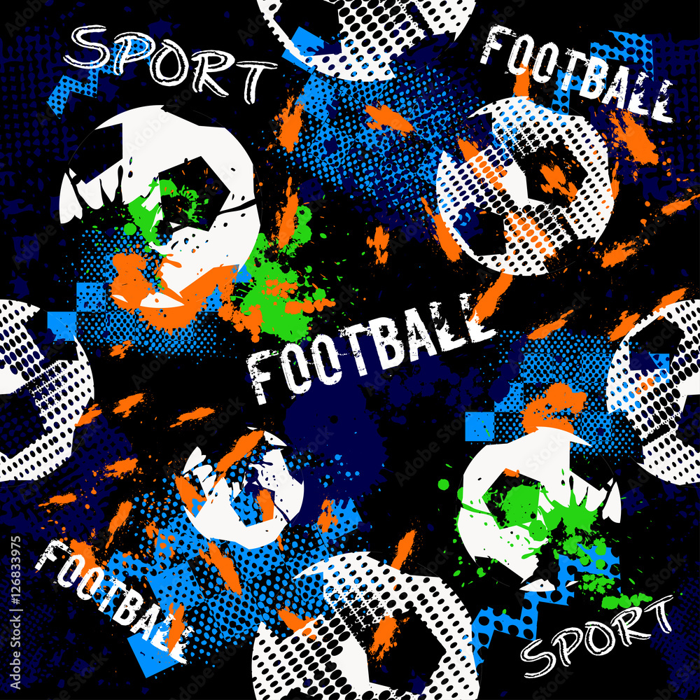 Abstract seamless pattern for boys. Football pattern. Grunge urban pattern  with football ball. Sport wallpaper on black background with multicolor  spots. Repeated sport pattern. Stock Vector | Adobe Stock