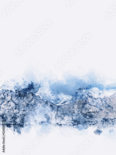 Abstract mountains landscape on white background, digital waterc © pomiti