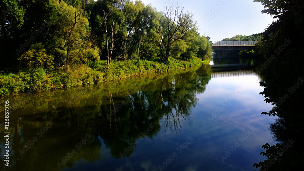 Fototapeta premium Bavaria, Germany Isar river waterfront and bridge