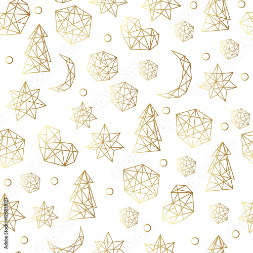 New Year and Christmas luxury gold seamless pattern with stars, balls, noel, moon. Greeting card, invitation, flyer.