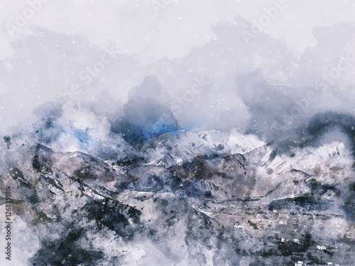 Mountains landscape in winter, digital watercolor painting