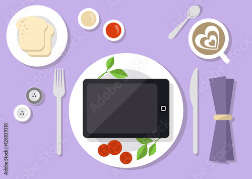 Conceptual illustration. Consuming content still life. Above view / cartoon style editable vector illustration