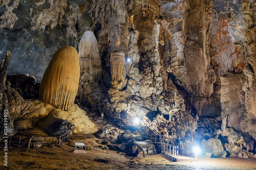 Fototapeta premium Stalagmites and stalactite in Phupaphet Cave, Satun south of Thailand.