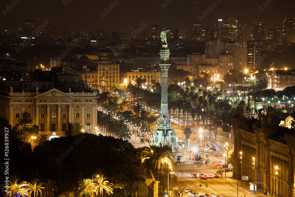 Barcelona Cityscape and Columbus Monument by Night