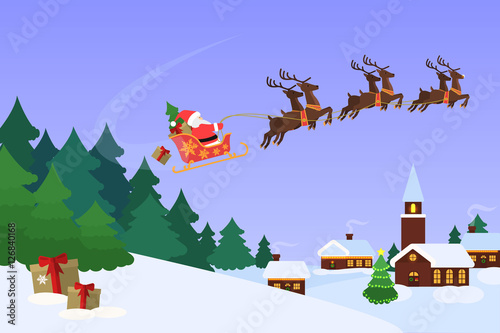 Christmas landscape with Santa Claus flying on a sleigh photo