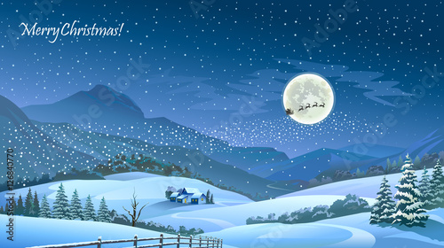 An amazing sight of Santa flying over a beautiful snowy landscape and the mesmerizing night sky