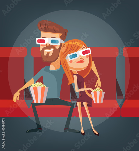  Couple watching movie. Man and woman characters. Vector flat cartoon illustration