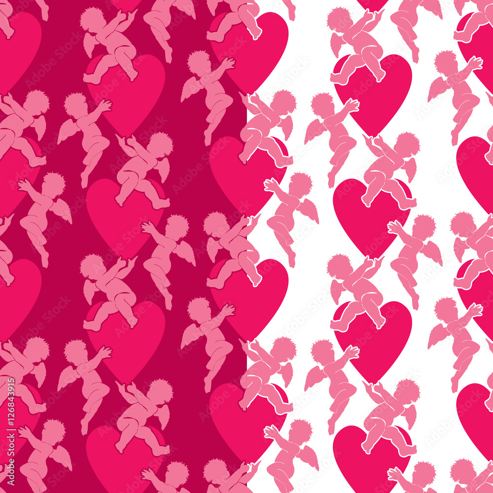 Seamless pattern with silhouettes of angel and heart. Valentine`