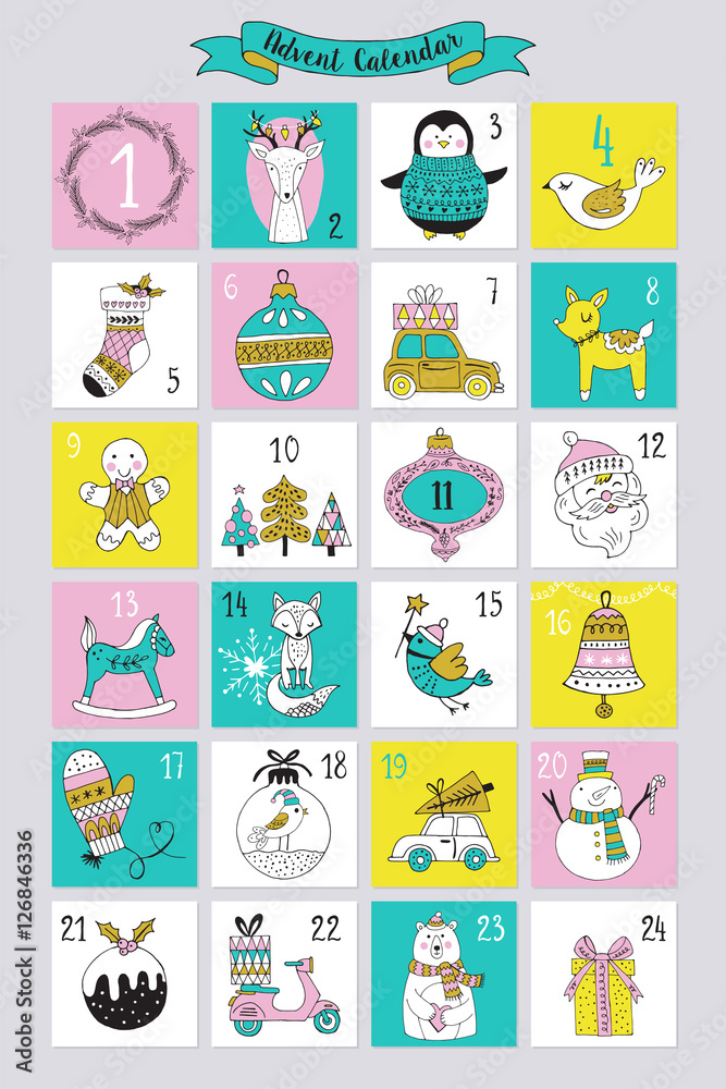 Christmas advent calendar with hand drawing elements