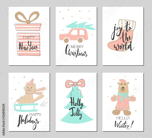 Merry Christmas greeting card set with cute xmas tree, bear, cat on a sleigh, socks, car and gift.
