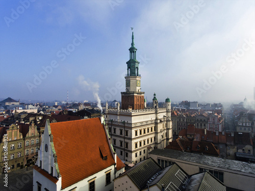 Town Hall (ratusz) and old market square in Poznan, Poland. Aerial view
