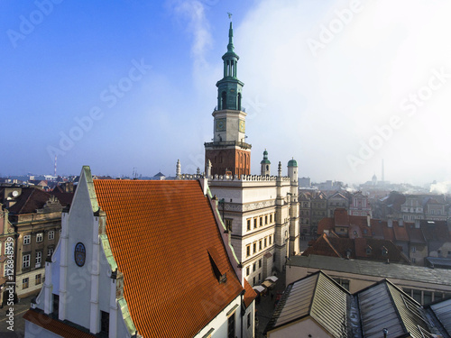 Town Hall (ratusz) and old market square in Poznan, Poland. Aerial view.