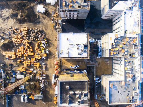 Construction site with crane and building - Aerial view