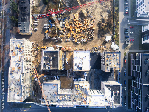 Construction site with crane and building - Aerial view