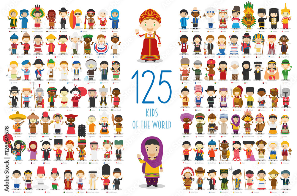 Fototapeta Kolekcja Kids of the World Vector: Zestaw 125 dzieci różnych narodowości w stylu kreskówek.