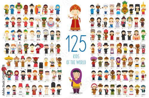 Kids of the World Vector Characters Collection: Set of 125 children of different nationalities in cartoon style.