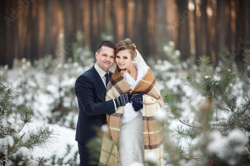 Winter couple, portrait of young bride and groom with plaid in the winter forest after cold wedding ceremony © Wedding photography