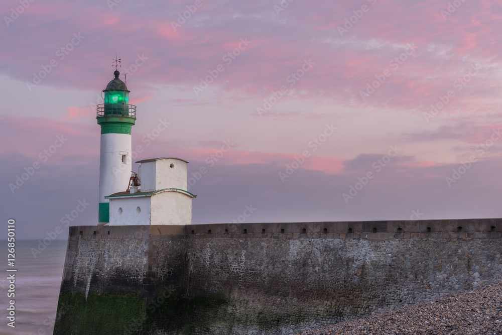 Lighthouse Le Treport under pink sky