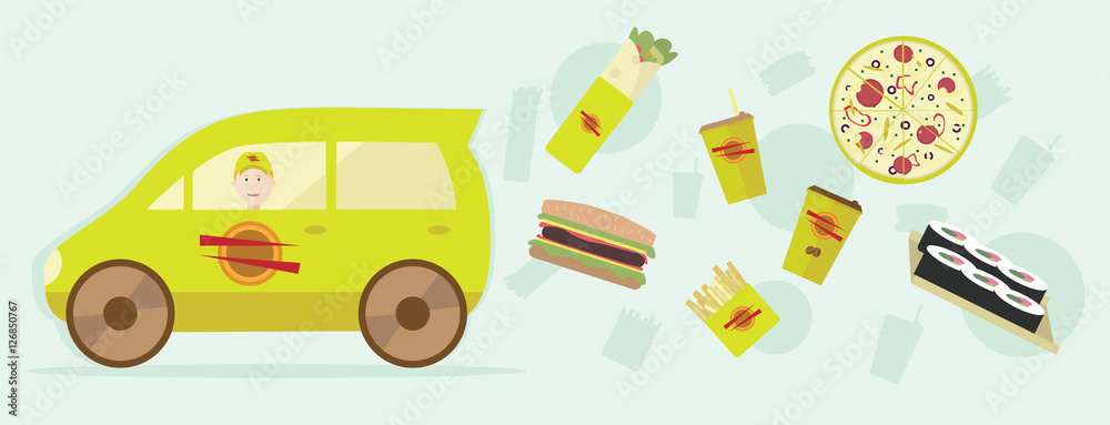 Illustration of delivery food. Graphic design for flyer, poster, web.