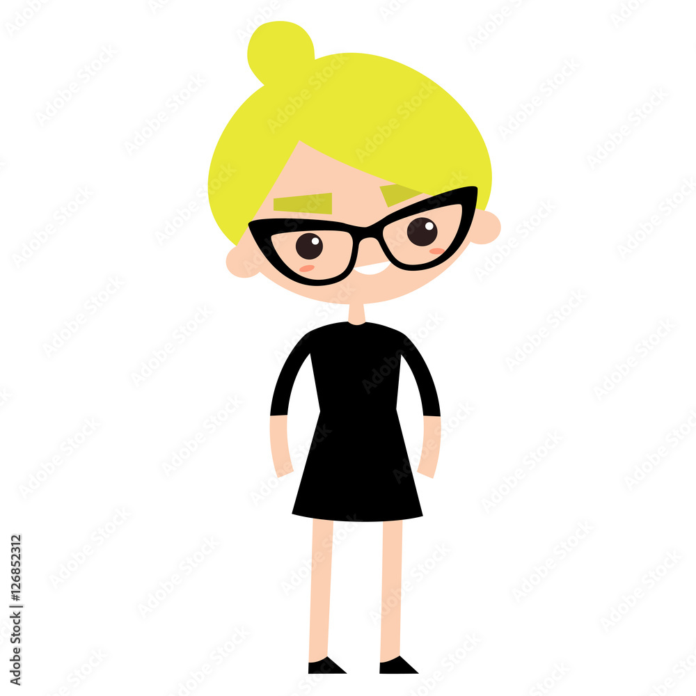 Neat business lady wearing elegant glasses and black dress, Flat editable cartoon vector illustration Neat business lady wearing elegant glasses and black dress, Flat editable cartoon vector illustration