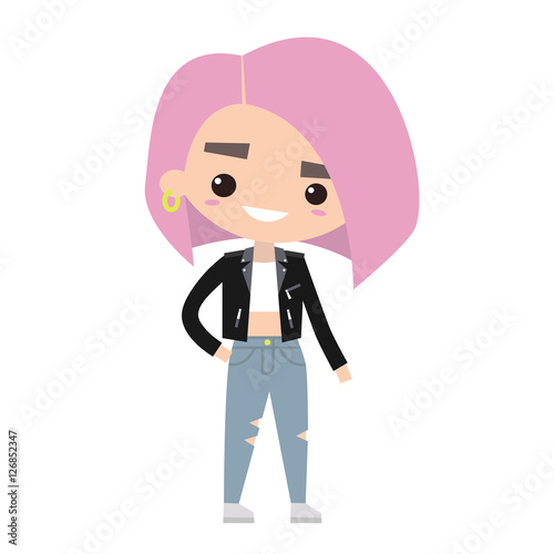 Millennial subcultural girl with pink hair, Flat editable cartoon vector illustration