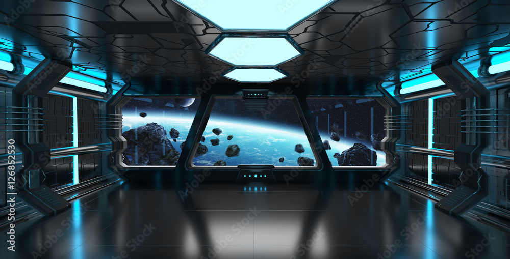 Obraz premium Spaceship interior with view on the planet Earth 3D rendering el