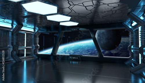 Spaceship interior with view on the planet Earth 3D rendering el