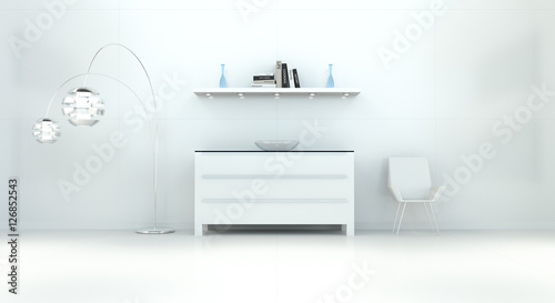 Modern white interior with chest of drawers and shelve 3D render