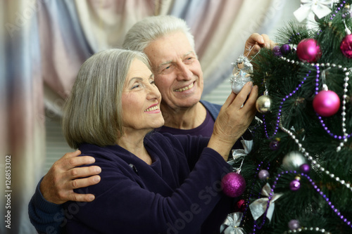 Couple decorating Christmas tree