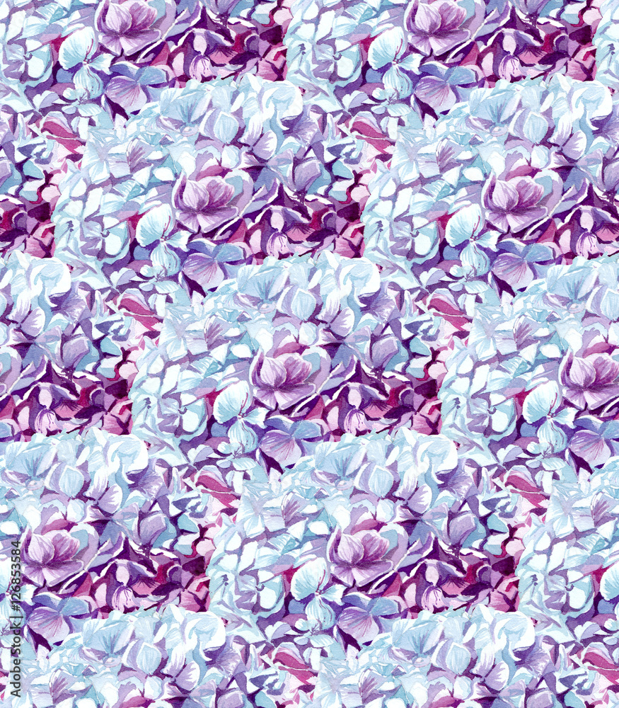 Fototapeta premium Seamless floral pattern with pink and blue hydrangea, Handwork Watercolor