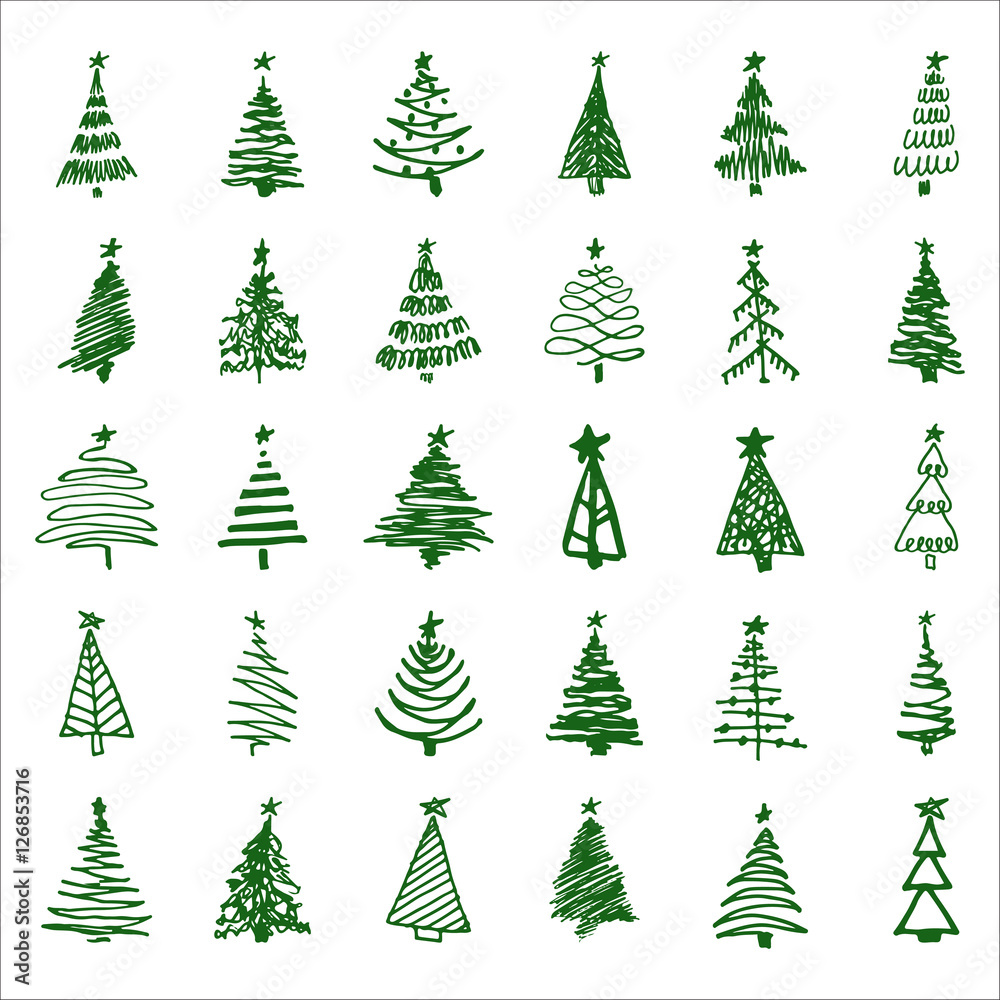 Set hand-drawn sketch Christmas and New Year tree