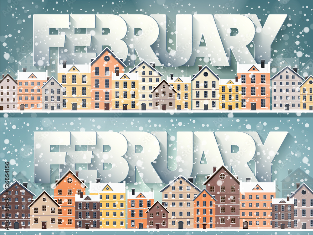 February month,winter cityscape.City silhouettes.Town skyline. Panorama. Midtown houses.New year,christmas.Holidays in January,December.