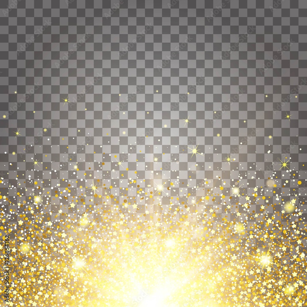 The effect of flying parts gold glitter luxury rich design background. Light gray background bottom. Stardust spark the explosion on a transparent background. Luxury golden texture