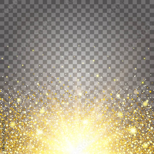 The effect of flying parts gold glitter luxury rich design background. Light gray background bottom. Stardust spark the explosion on a transparent background. Luxury golden texture