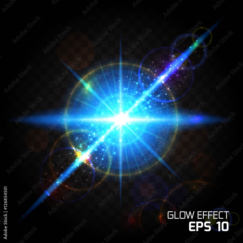 Bright sun flare glow effect, glowing dust explosion. A colorful view of a lens flare on a transparent background. Vector illustration