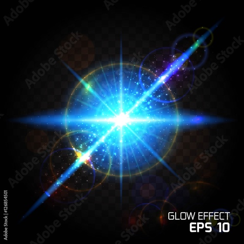 Bright sun flare glow effect, glowing dust explosion. A colorful view of a lens flare on a transparent background. Vector illustration