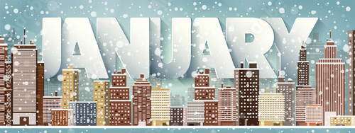 January month,winter cityscape.City silhouettes.Town skyline. Panorama. Midtown houses.New year,christmas.Holidays in December,February.