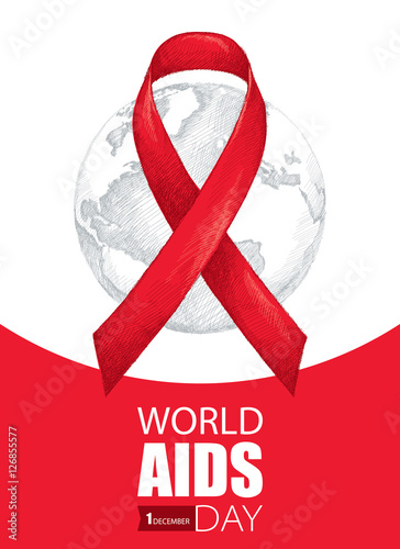 Vector illustration with gray earth planet and red ribbon on the white background. AIDS Awareness symbol in line art style. Vertical poster for world AIDS day 1 December with world map and ribbon.