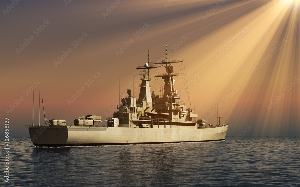 Modern Warship In Rays Of The Sun