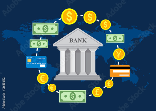 Banking concept, global foreign exchange market, banking trade, banking system. Vector illustration.