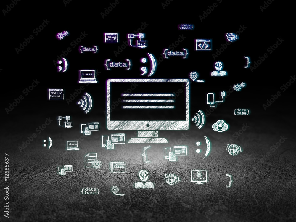 Software concept: Monitor in grunge dark room