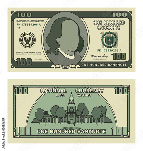 Cartoon 100 currency US dollar banknote. Backside of one hundred American money bill. Vector illustration